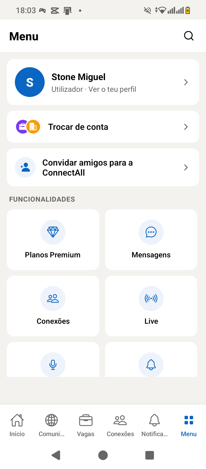 Menu de funcionalidades da ConnectAll