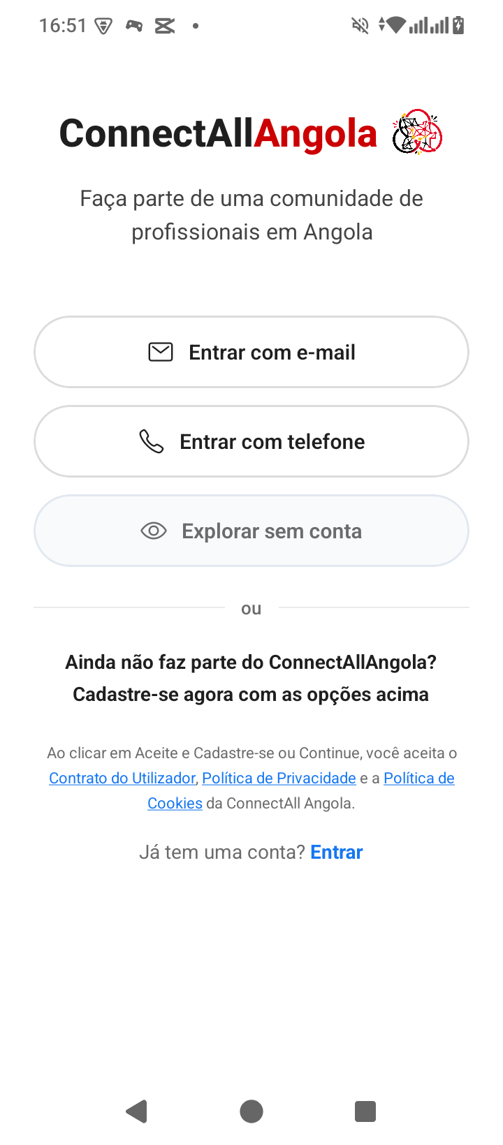 Tela para entrar ou cadastrar-se na ConnectAll Angola