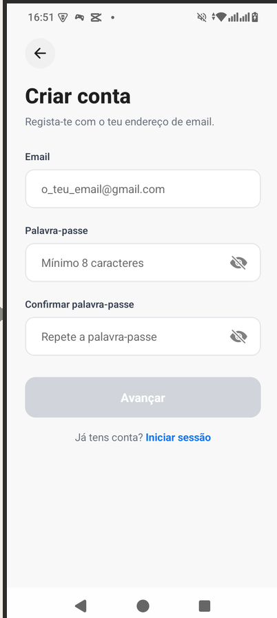 Tela de criar conta com email e palavra-passe