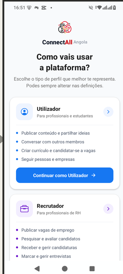 Tela de escolha do tipo de perfil