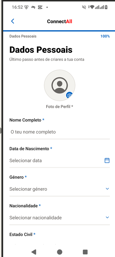 Tela de dados pessoais